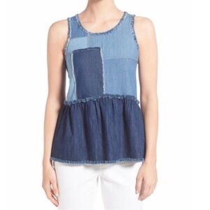 Hinge Chambray Patchwork Raw Edged Peplum Tank Top size L